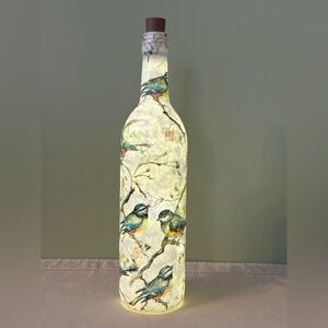Decorated Bottle - Birds, Decoupage, Lighted Bottles, Wine Bottles, Home Decor